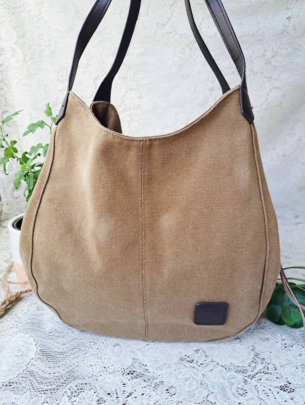 Brown Cotton Canvas Hobo Tote Bag